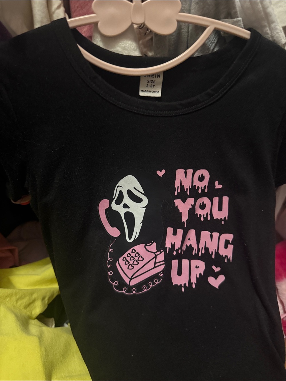 SHEIN Black Short Sleeve Tee with Pink Graphic 'No You Hang Up'